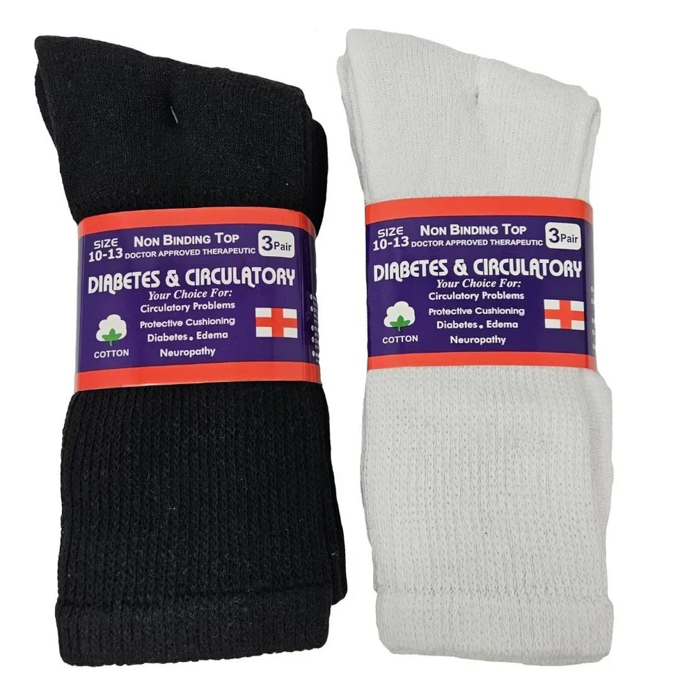 Bundle of 6 Pairs of Diabetic Socks, Black and White, Size 10-13